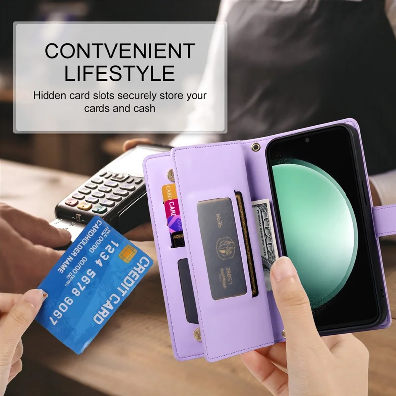 For Samsung Galaxy S25 FE Case Zipper Pocket Wallet Leather Phone Cover with Straps - Purple