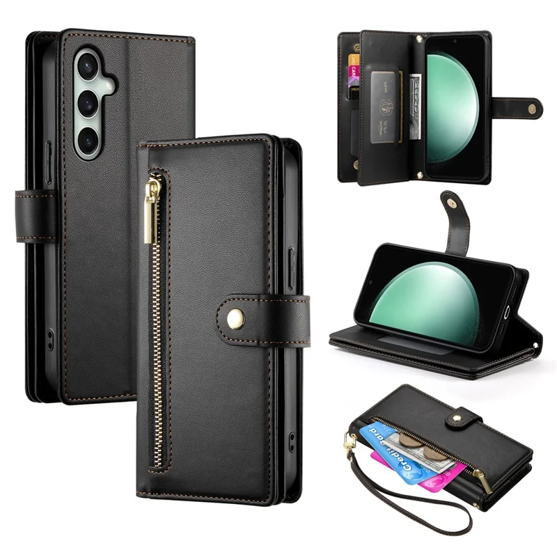 For Samsung Galaxy S25 FE Case Zipper Pocket Wallet Leather Phone Cover with Straps - Black