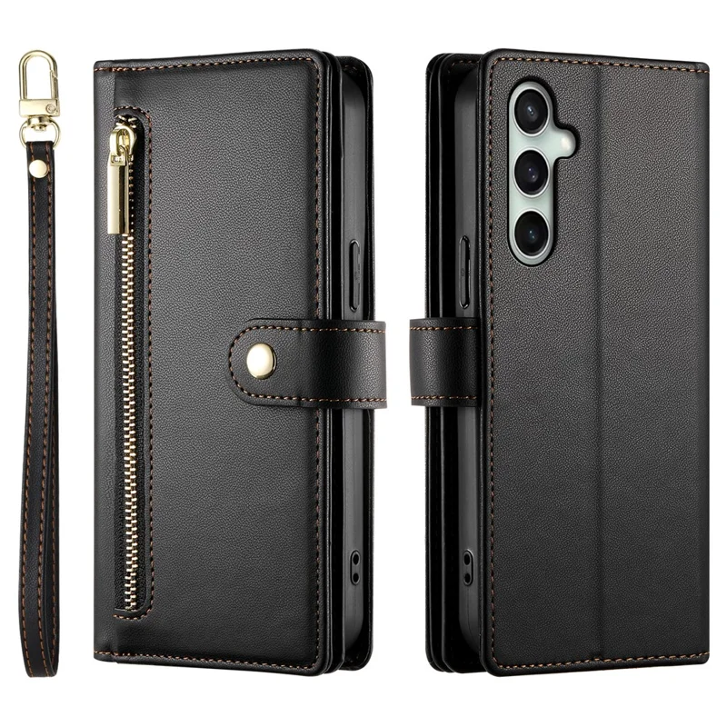 For Samsung Galaxy S25 FE Case Zipper Pocket Wallet Leather Phone Cover with Straps - Black