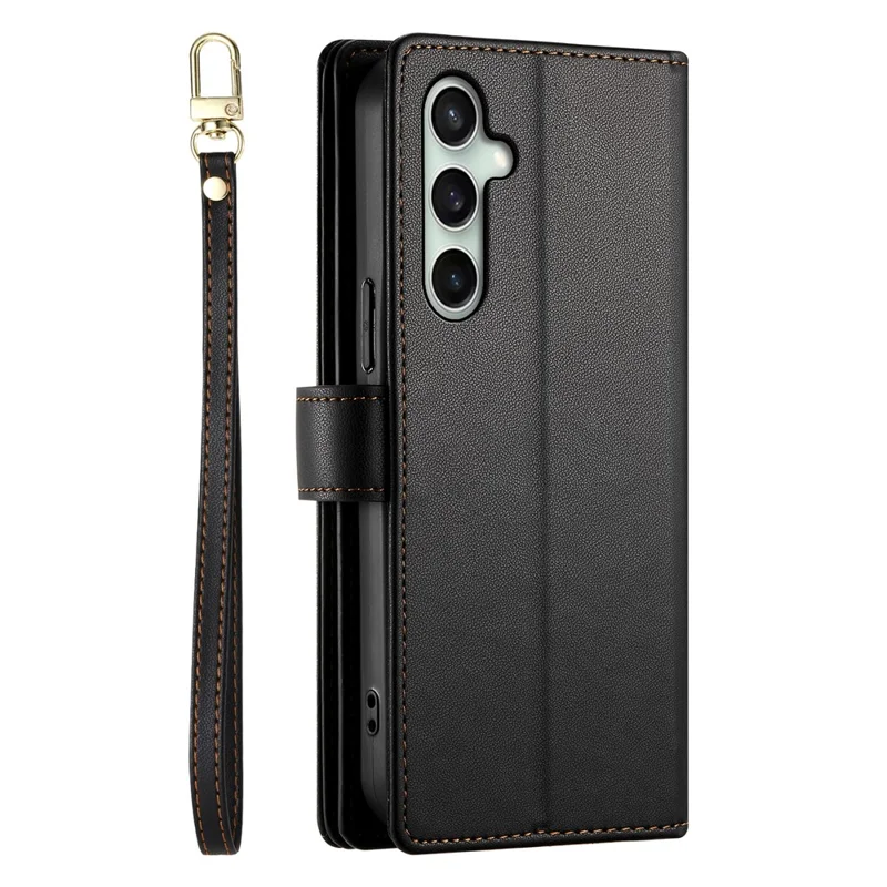 For Samsung Galaxy S25 FE Case Zipper Pocket Wallet Leather Phone Cover with Straps - Black