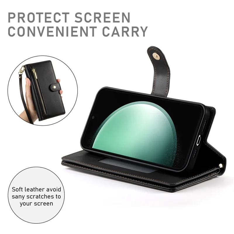For Samsung Galaxy S25 FE Case Zipper Pocket Wallet Leather Phone Cover with Straps - Black