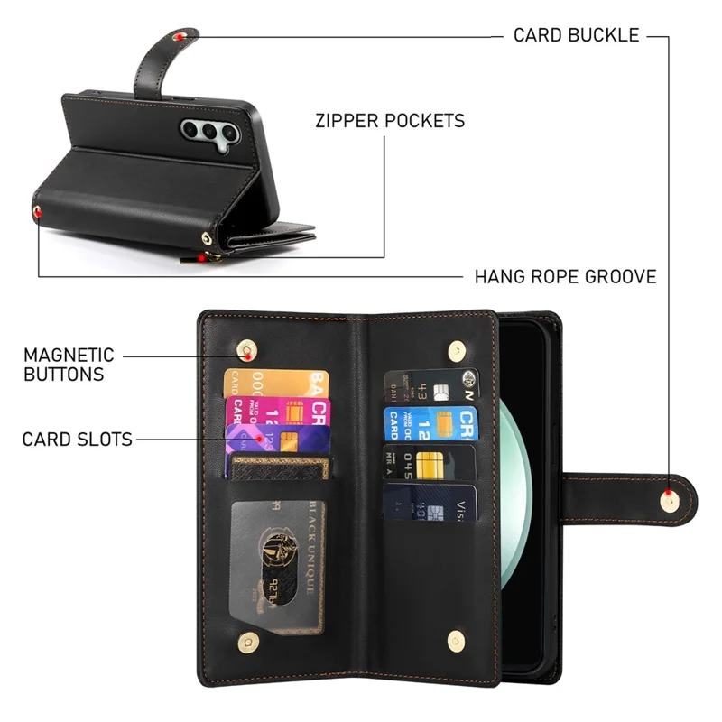 For Samsung Galaxy S25 FE Case Zipper Pocket Wallet Leather Phone Cover with Straps - Black