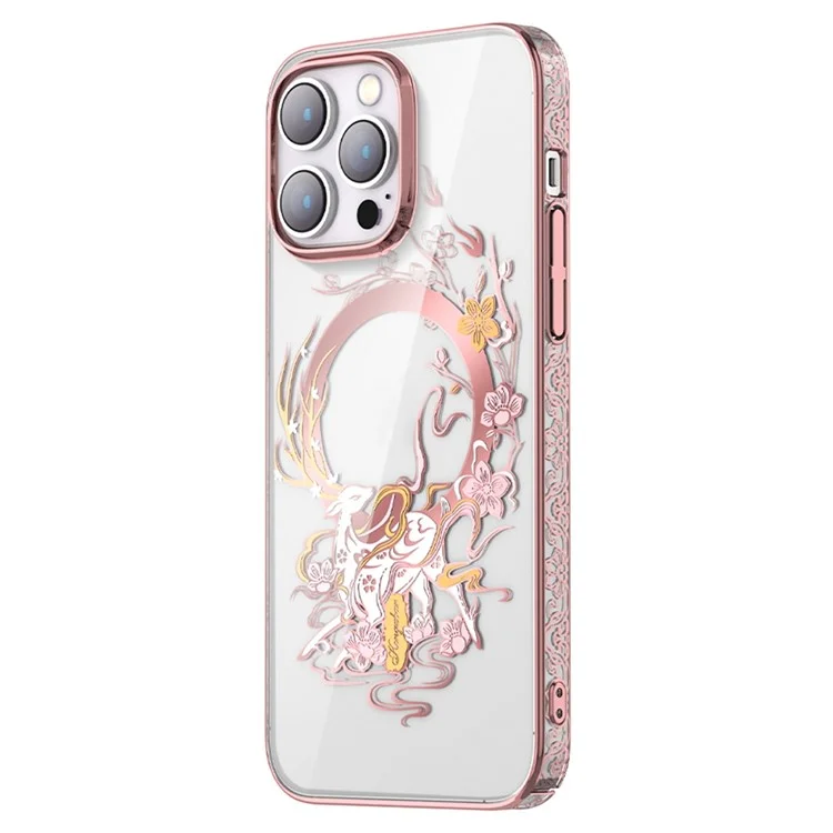 Kingxbar Myth Series Magnetic Case Per Iphone 14 Pro Max Compatibile Con Magsafe, Design Per Intaglio Laser PC Duro Copertina Elettroplata Trasparente - Cervo Rosa