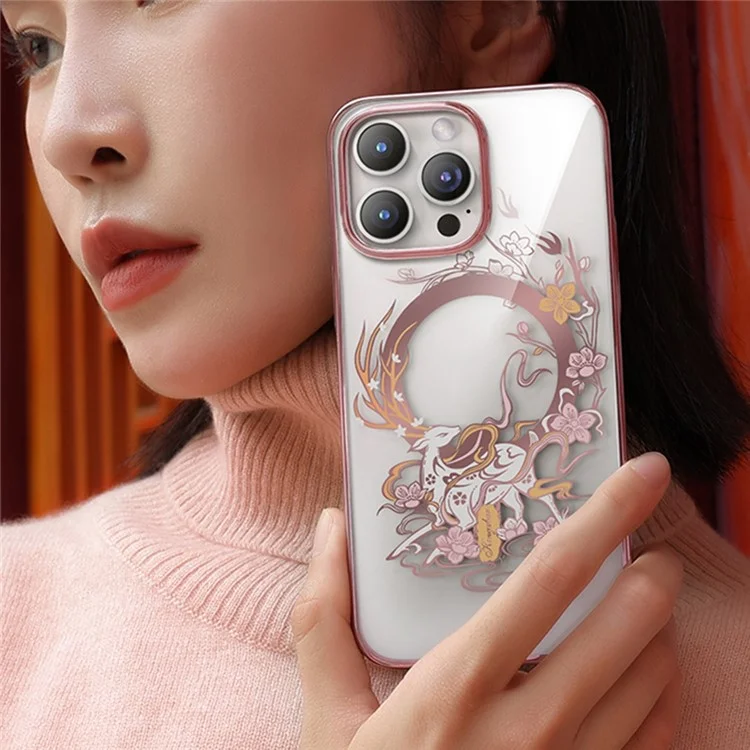Kingxbar Myth Series Magnetic Case Per Iphone 14 Pro Max Compatibile Con Magsafe, Design Per Intaglio Laser PC Duro Copertina Elettroplata Trasparente - Cervo Rosa