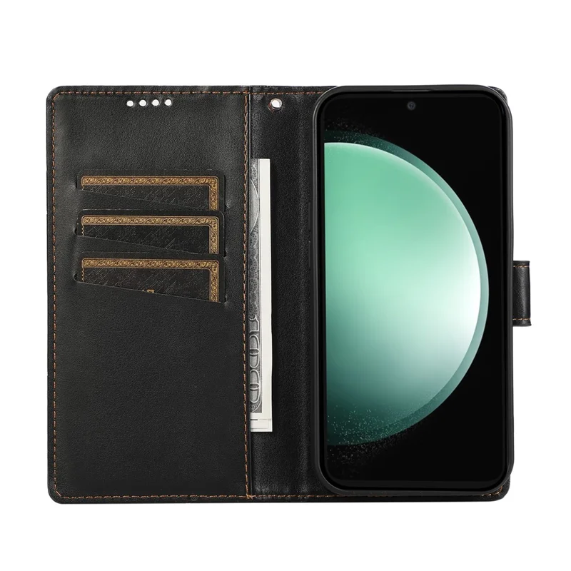 Voor Samsung Galaxy S25 FE hoesje met lijndessin lederen portemonneebehuizing met polsbandje - Zwart