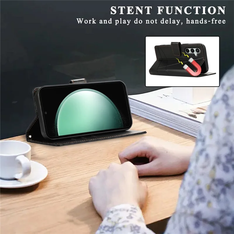 Voor Samsung Galaxy S25 FE hoesje met lijndessin lederen portemonneebehuizing met polsbandje - Zwart