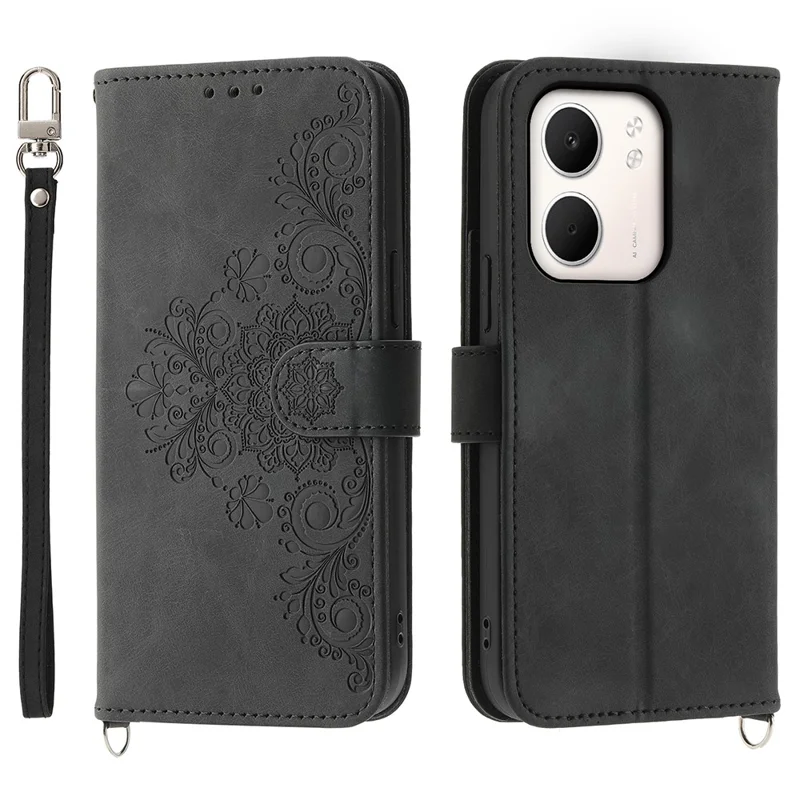 For Oppo A5x 5G  /  4G Case Flower Pattern PU Leather Wallet Phone Cover with Strap - Black