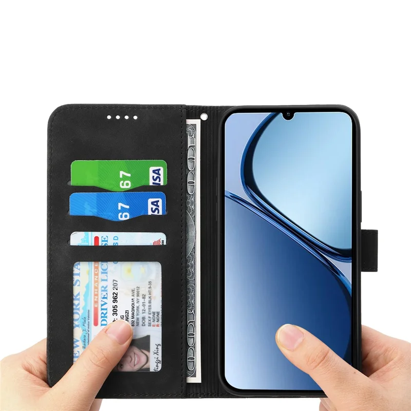 DIERFENG DF-03 Funda de Cuero Tipo Cartera con Líneas Grabadas para Oppo A5x 5G / 4G con Correa de Muñeca - Negro