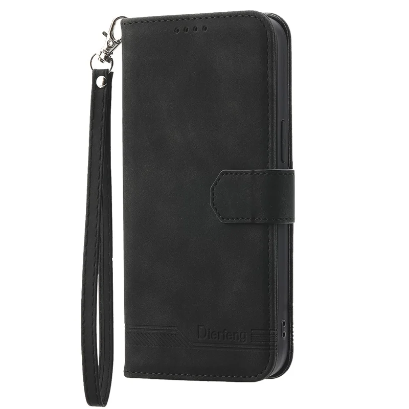 DIERFENG DF-03 Funda de Cuero Tipo Cartera con Líneas Grabadas para Oppo A5x 5G / 4G con Correa de Muñeca - Negro