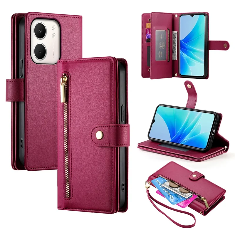 For Oppo A5x 5G  /  4G Case Zipper Pocket Wallet Leather Phone Cover with Straps - Red