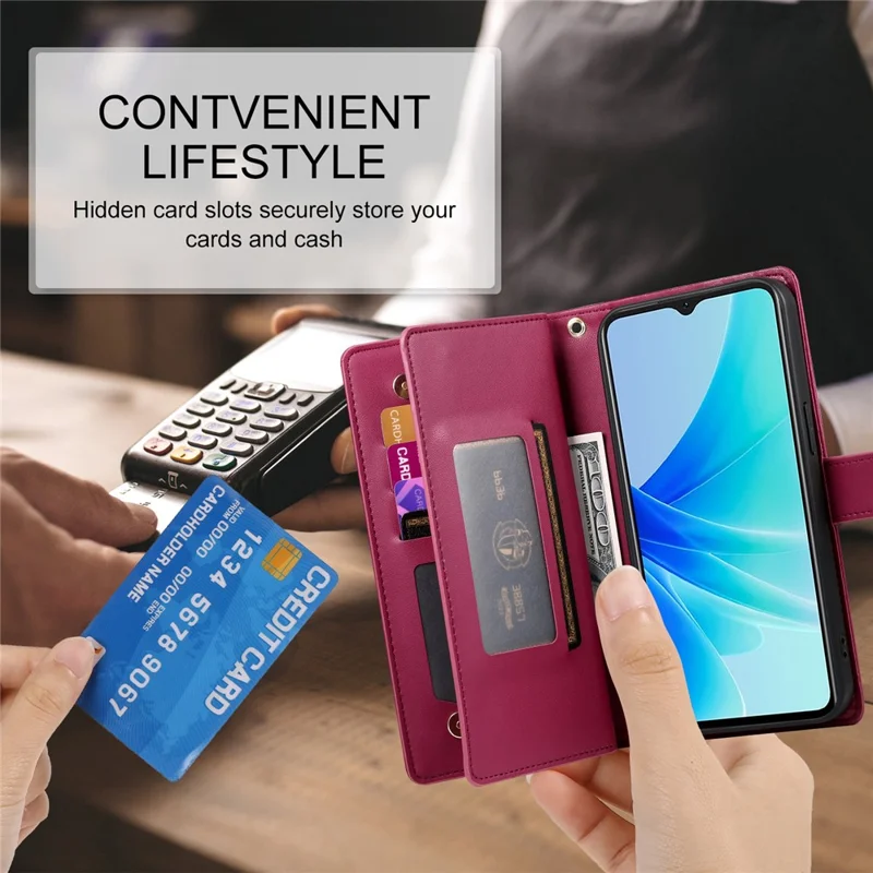 For Oppo A5x 5G  /  4G Case Zipper Pocket Wallet Leather Phone Cover with Straps - Red