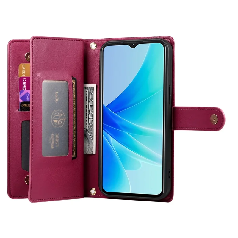 For Oppo A5x 5G  /  4G Case Zipper Pocket Wallet Leather Phone Cover with Straps - Red