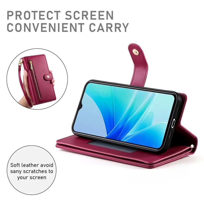 For Oppo A5x 5G  /  4G Case Zipper Pocket Wallet Leather Phone Cover with Straps - Red