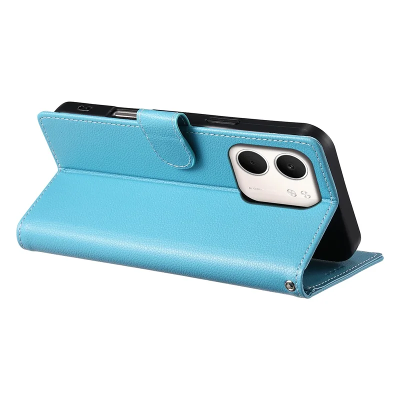 For Oppo A5x 5G  /  4G Case Magnetic Snap Litchi Texture Leather Wallet Phone Cover with Wrist Strap - Sky Blue