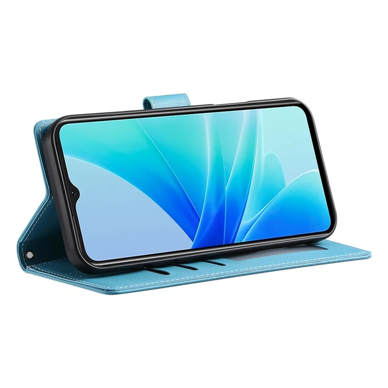 For Oppo A5x 5G  /  4G Case Magnetic Snap Litchi Texture Leather Wallet Phone Cover with Wrist Strap - Sky Blue