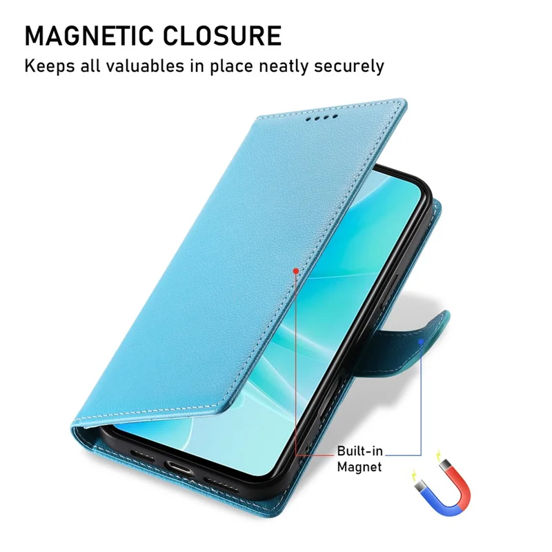 For Oppo A5x 5G  /  4G Case Magnetic Snap Litchi Texture Leather Wallet Phone Cover with Wrist Strap - Sky Blue