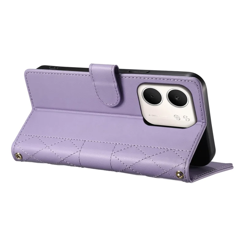 For Oppo A5x 5G  /  4G Case Rhombus Stitching Wallet Stand Leather Phone Cover with Long  /  Short Strap - Purple