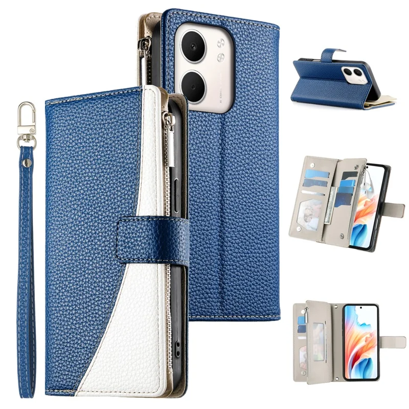 For Oppo A5x 5G  /  4G Case Zipper Wallet Color Splicing Leather Flip Phone Cover with Straps - Dark Blue