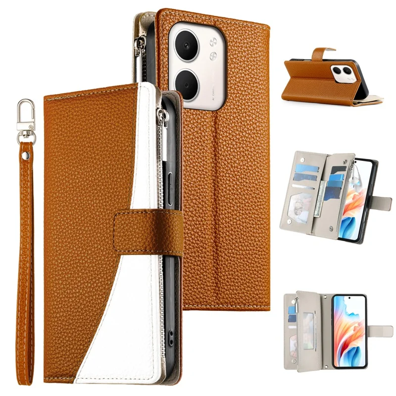 Étui pour Oppo A5x 5G / 4G Portefeuille à Fermeture Éclair Bicolore en Cuir avec Lanières - Marron