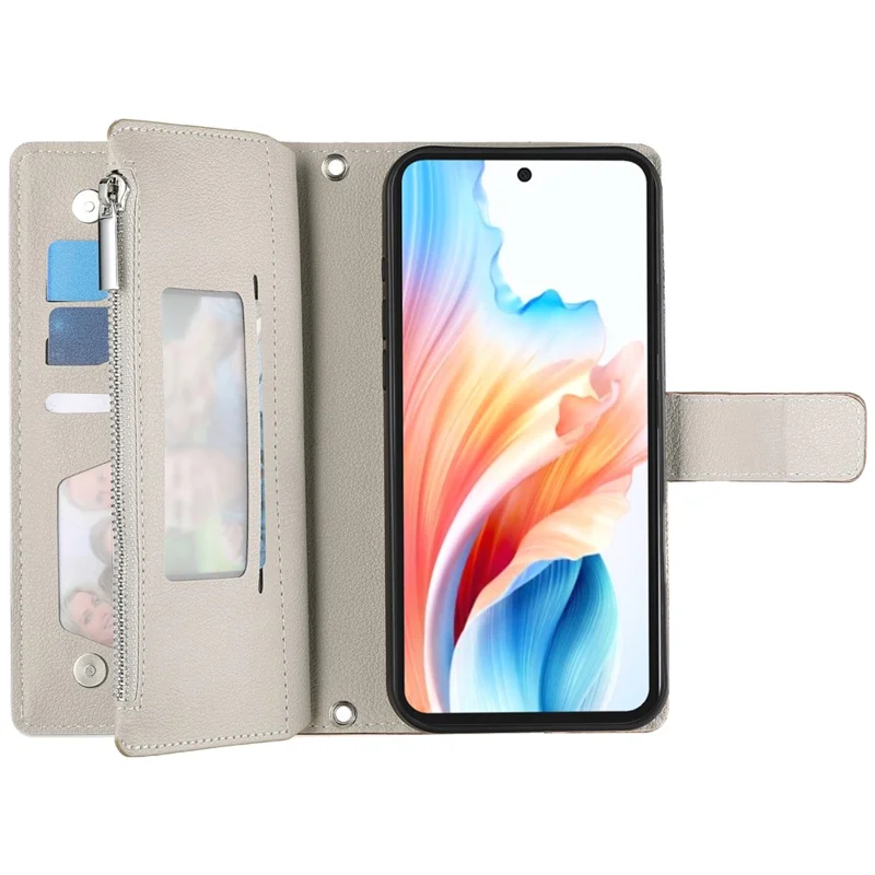 Étui pour Oppo A5x 5G / 4G Portefeuille à Fermeture Éclair Bicolore en Cuir avec Lanières - Marron