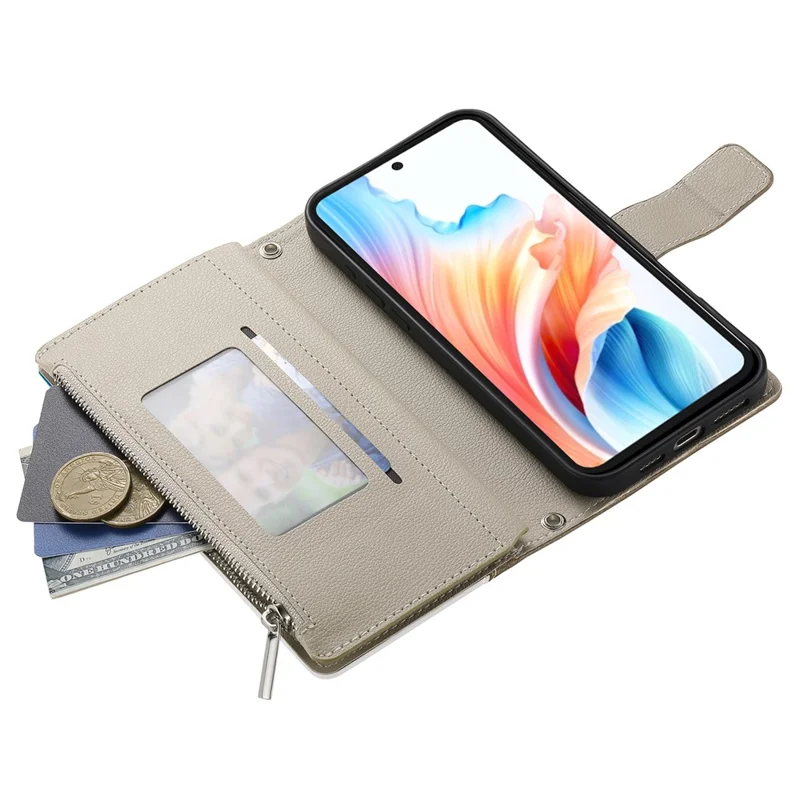 Étui pour Oppo A5x 5G / 4G Portefeuille à Fermeture Éclair Bicolore en Cuir avec Lanières - Marron