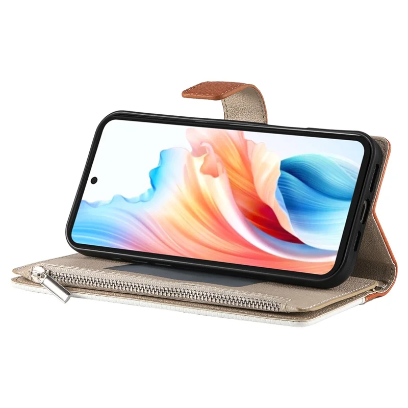 Étui pour Oppo A5x 5G / 4G Portefeuille à Fermeture Éclair Bicolore en Cuir avec Lanières - Marron