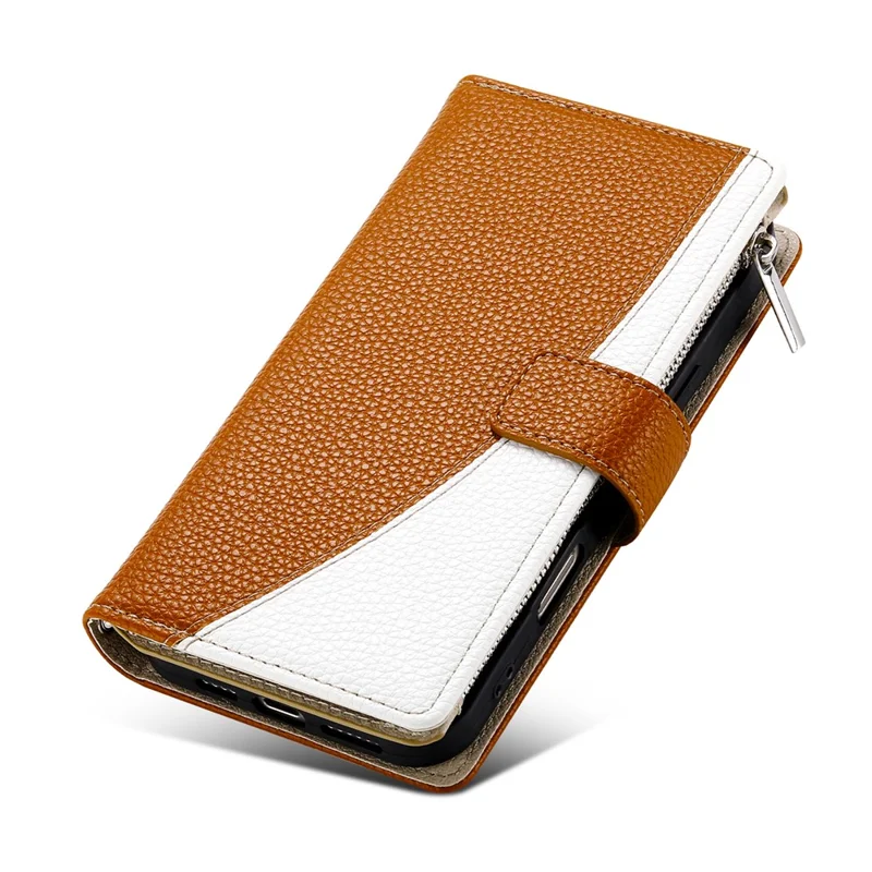 Étui pour Oppo A5x 5G / 4G Portefeuille à Fermeture Éclair Bicolore en Cuir avec Lanières - Marron