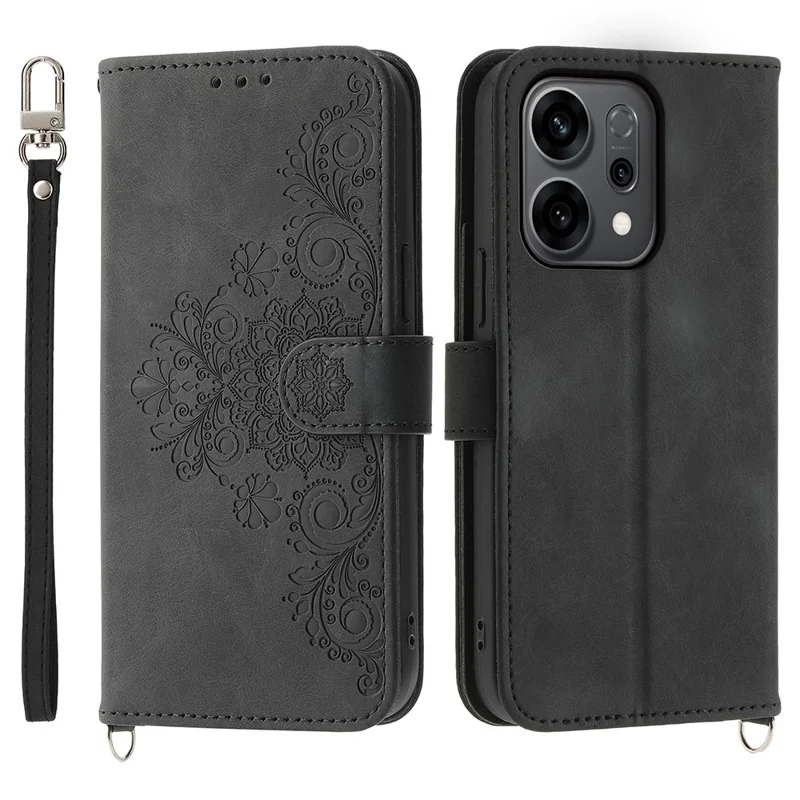 Voor Oppo Reno14 F 5G hoesje met bloemenpatroon PU lederen portemonnee telefoonhoes met draagkoord - Zwart
