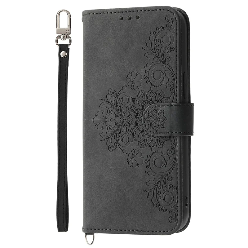 Voor Oppo Reno14 F 5G hoesje met bloemenpatroon PU lederen portemonnee telefoonhoes met draagkoord - Zwart