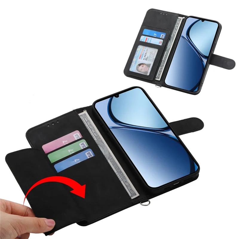 Voor Oppo Reno14 F 5G hoesje met bloemenpatroon PU lederen portemonnee telefoonhoes met draagkoord - Zwart