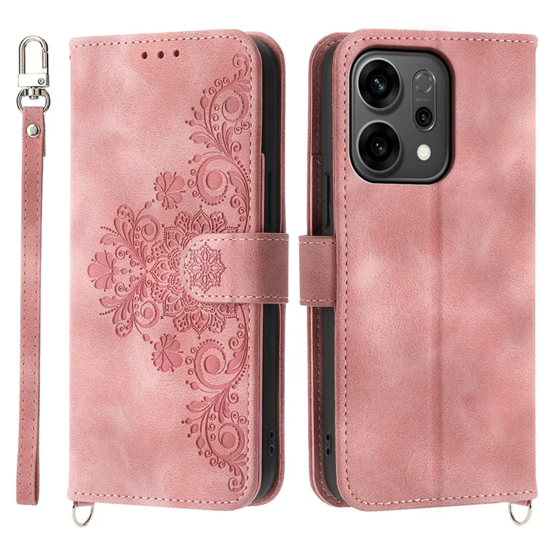 For Oppo Reno14 F 5G Case Flower Pattern PU Leather Wallet Phone Cover with Strap - Pink