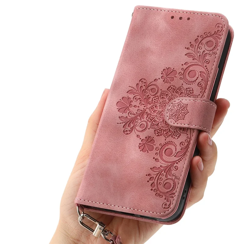 For Oppo Reno14 F 5G Case Flower Pattern PU Leather Wallet Phone Cover with Strap - Pink