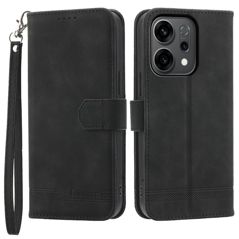 DIERFENG DF-03 Per Oppo Reno14 F 5G Custodia Righe Impronta Portafoglio Custodia in pelle con Cinturino da Polso - Nero