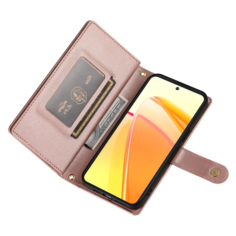 Für Oppo Reno14 F 5G Hülle Reißverschlusstasche Leder Telefonabdeckung mit Riemen - Pink