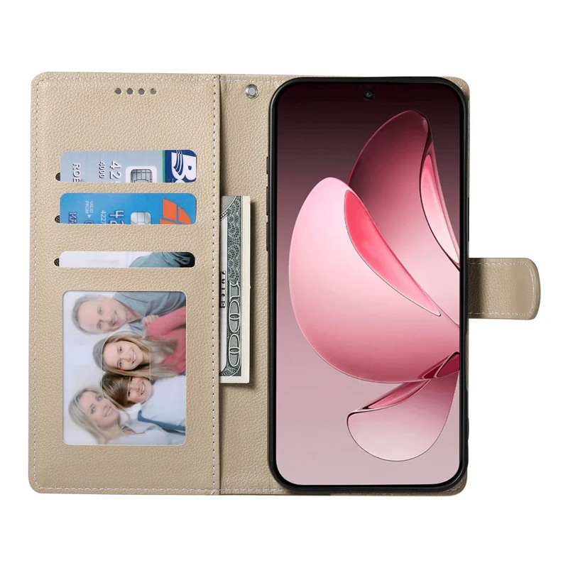 For Oppo Reno14 F 5G Case Magnetic Snap Litchi Texture Leather Wallet Phone Cover with Wrist Strap - Apricot