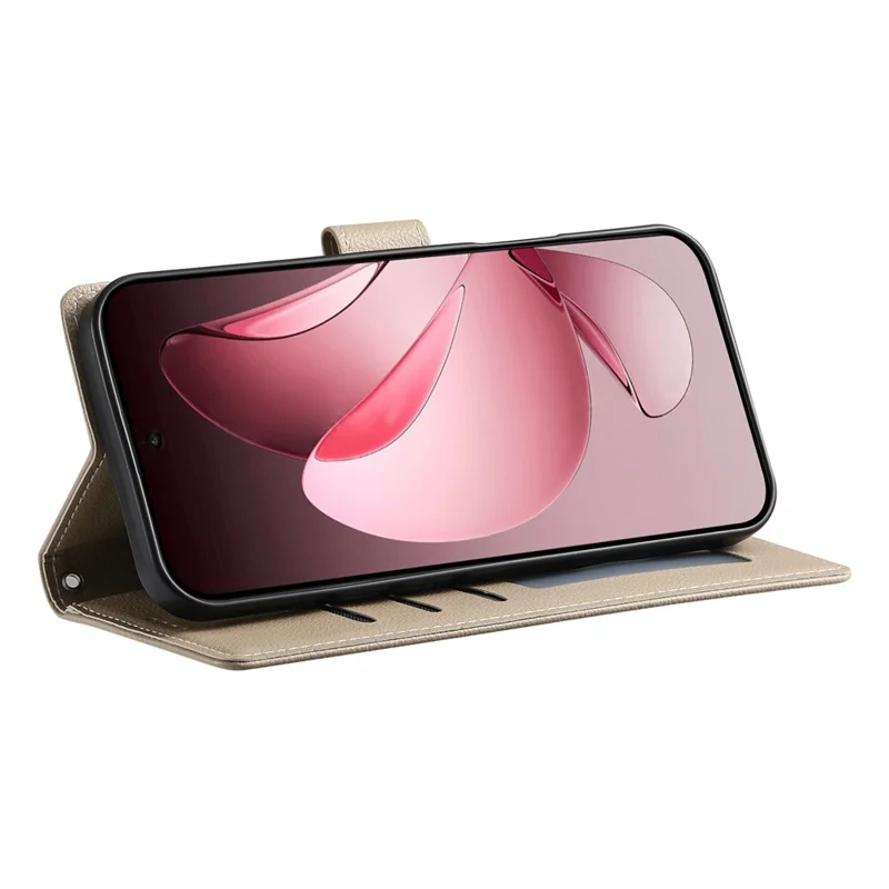 For Oppo Reno14 F 5G Case Magnetic Snap Litchi Texture Leather Wallet Phone Cover with Wrist Strap - Apricot