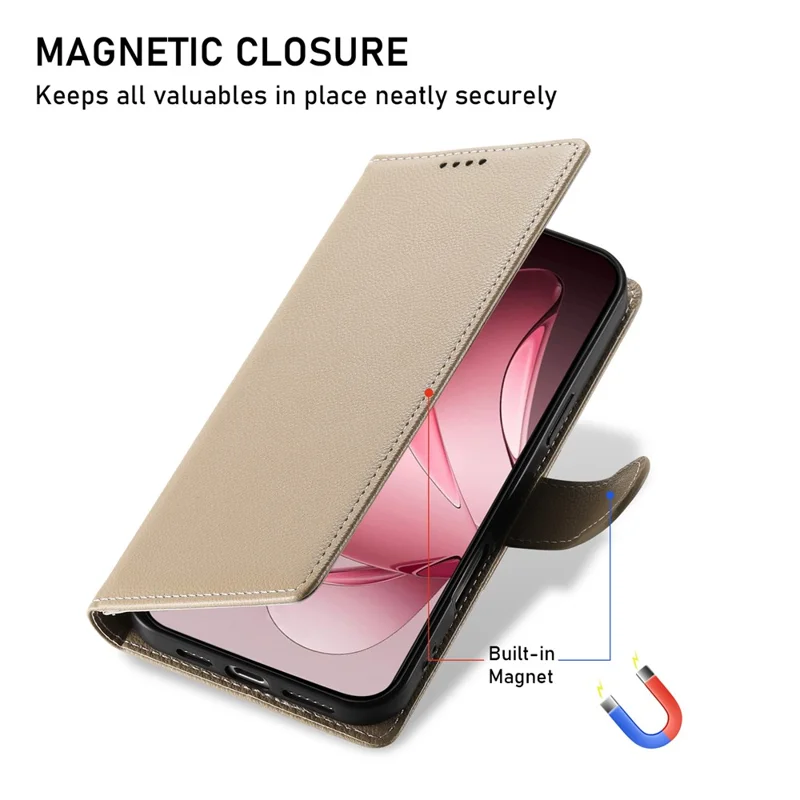 For Oppo Reno14 F 5G Case Magnetic Snap Litchi Texture Leather Wallet Phone Cover with Wrist Strap - Apricot