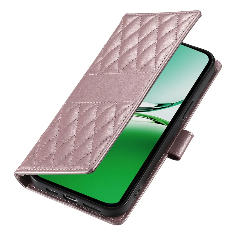 Для Oppo Reno14 F 5G Чехол Ромбовая прошивка Кошелек Стенд Кожаный Чехол для телефона с длинным / коротким ремешком - Розовое золото