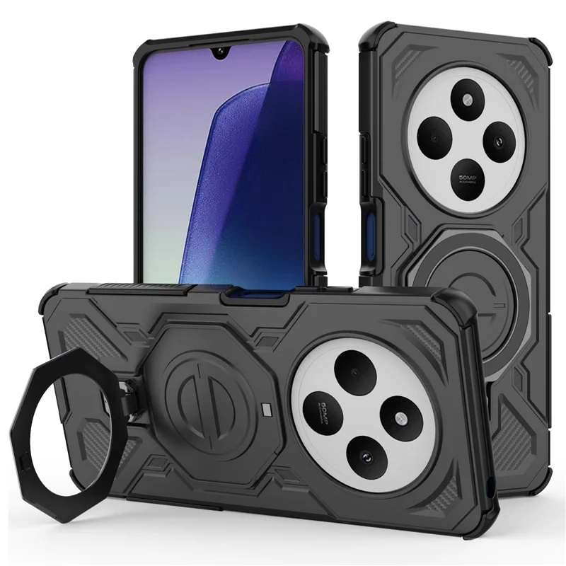 Magnetic Case for Xiaomi Redmi 14C 4G / 14R 5G / Poco C75 4G Rotating Metal Kickstand PC + TPU Phone Back Cover - Black