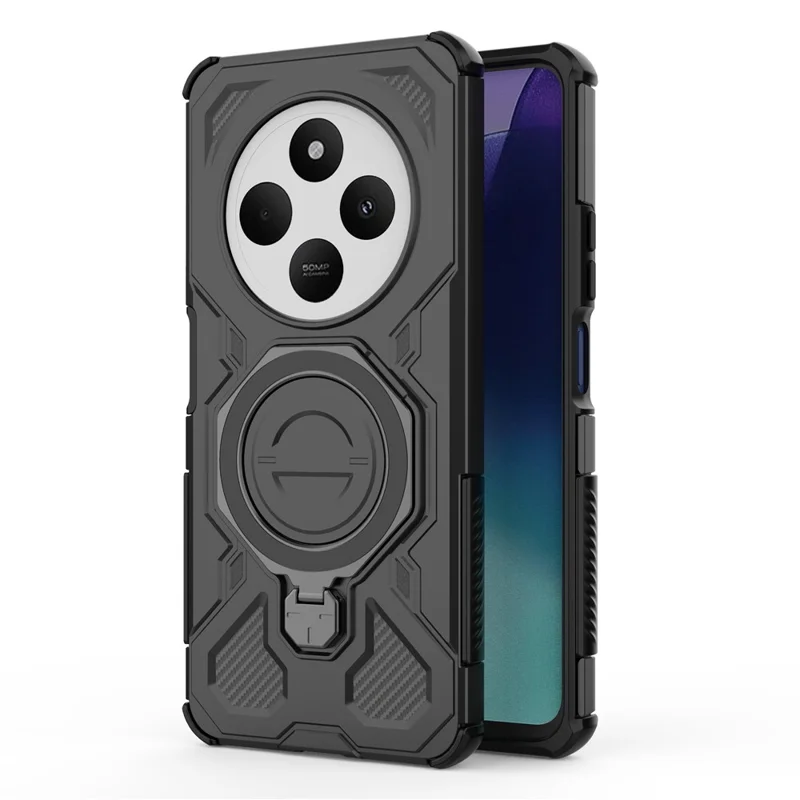 Magnetic Case for Xiaomi Redmi 14C 4G / 14R 5G / Poco C75 4G Rotating Metal Kickstand PC + TPU Phone Back Cover - Black