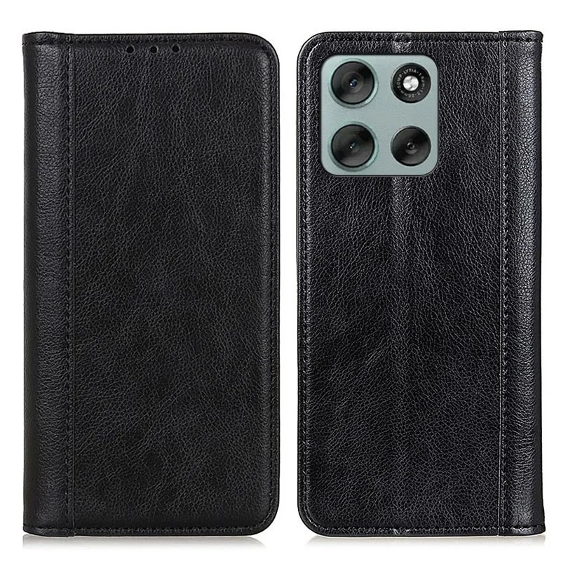 For Motorola Moto G56 5G Stand Case Split Leather Litchi Texture Wallet Phone Cover - Black