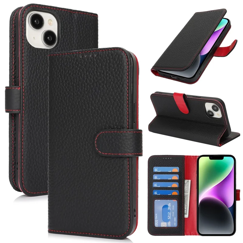 Étui portefeuille en cuir de vache véritable pour iPhone 14 / 13 avec texture de litchi, protection RFID - Noir / Rouge