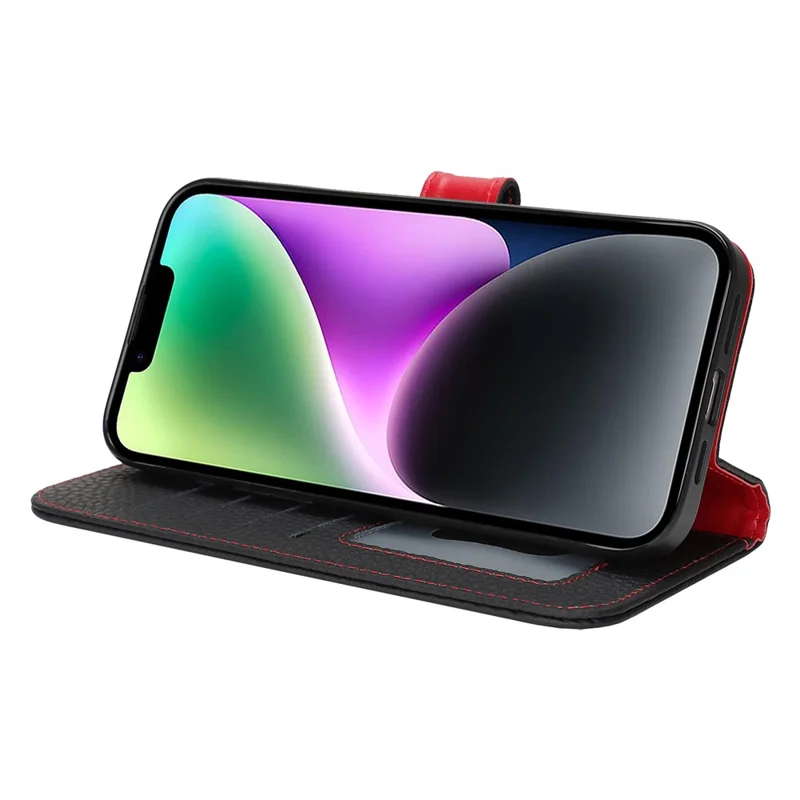 Étui portefeuille en cuir de vache véritable pour iPhone 14 / 13 avec texture de litchi, protection RFID - Noir / Rouge