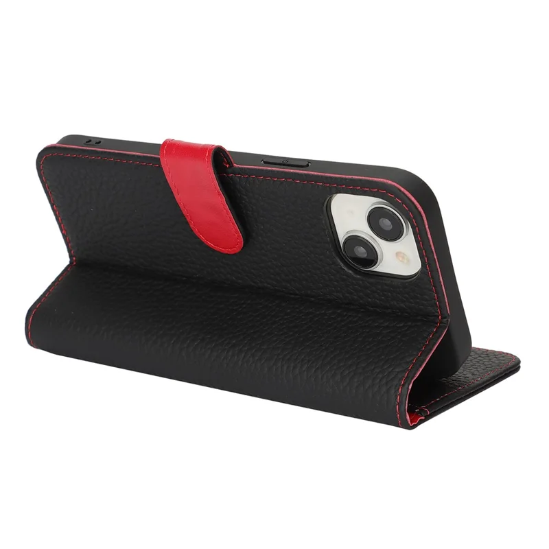 Étui portefeuille en cuir de vache véritable pour iPhone 14 / 13 avec texture de litchi, protection RFID - Noir / Rouge