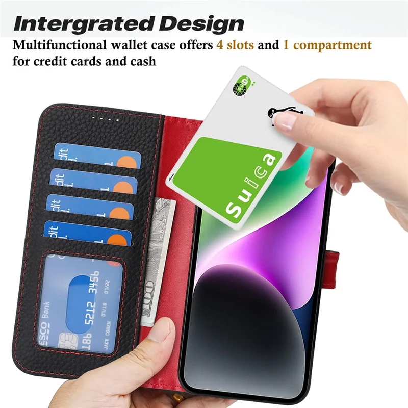 Étui portefeuille en cuir de vache véritable pour iPhone 14 / 13 avec texture de litchi, protection RFID - Noir / Rouge