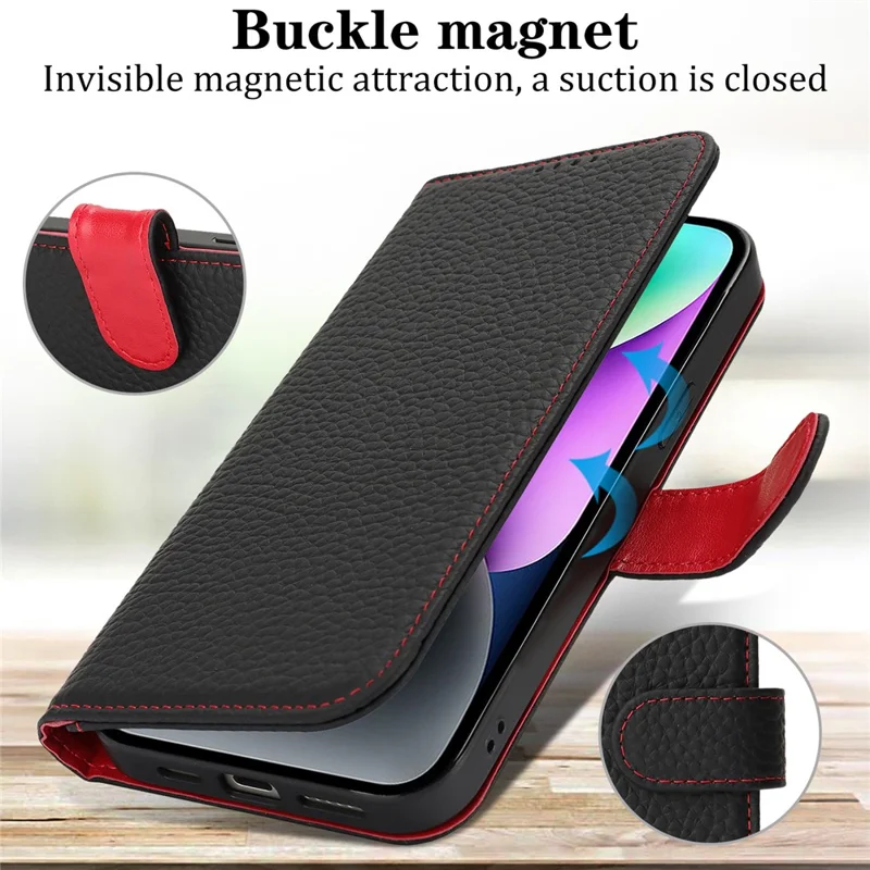 Étui portefeuille en cuir de vache véritable pour iPhone 14 / 13 avec texture de litchi, protection RFID - Noir / Rouge