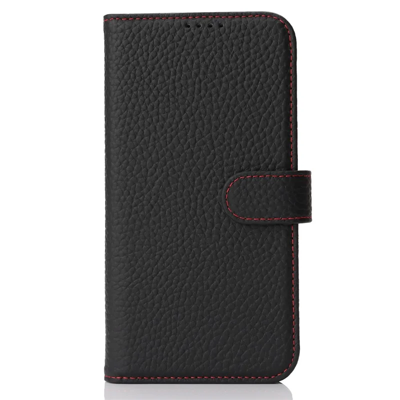 Étui portefeuille en cuir de vache véritable pour iPhone 14 / 13 avec texture de litchi, protection RFID - Noir / Rouge