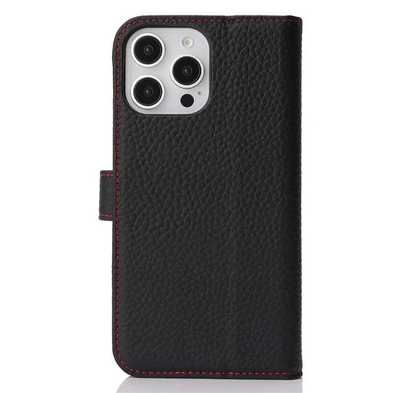 Für iPhone 13 Pro Max / 12 Pro Max Ständer Hülle Litschi-Textur Echtes Rindsleder Brieftasche Handyhülle mit RFID-Schutz - Schwarz / Rot