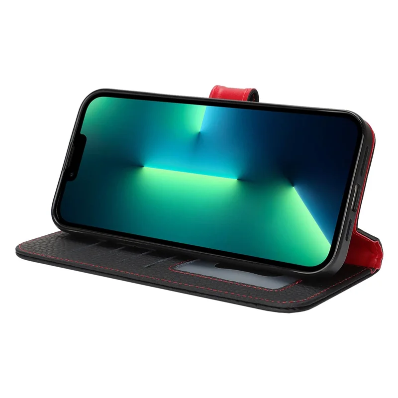 Für iPhone 13 Pro Max / 12 Pro Max Ständer Hülle Litschi-Textur Echtes Rindsleder Brieftasche Handyhülle mit RFID-Schutz - Schwarz / Rot
