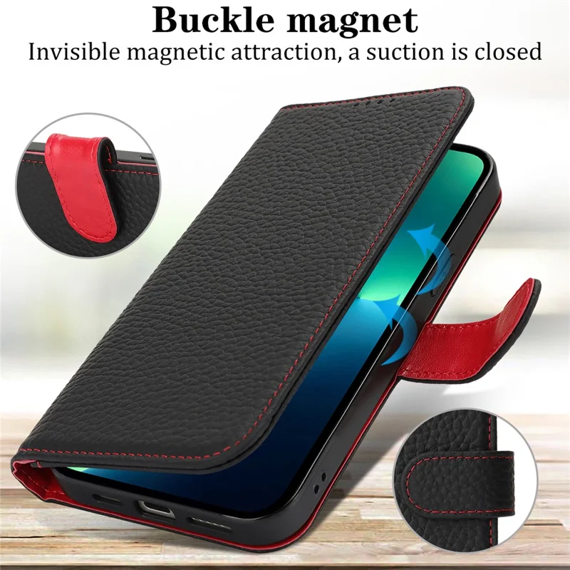 Für iPhone 13 Pro Max / 12 Pro Max Ständer Hülle Litschi-Textur Echtes Rindsleder Brieftasche Handyhülle mit RFID-Schutz - Schwarz / Rot